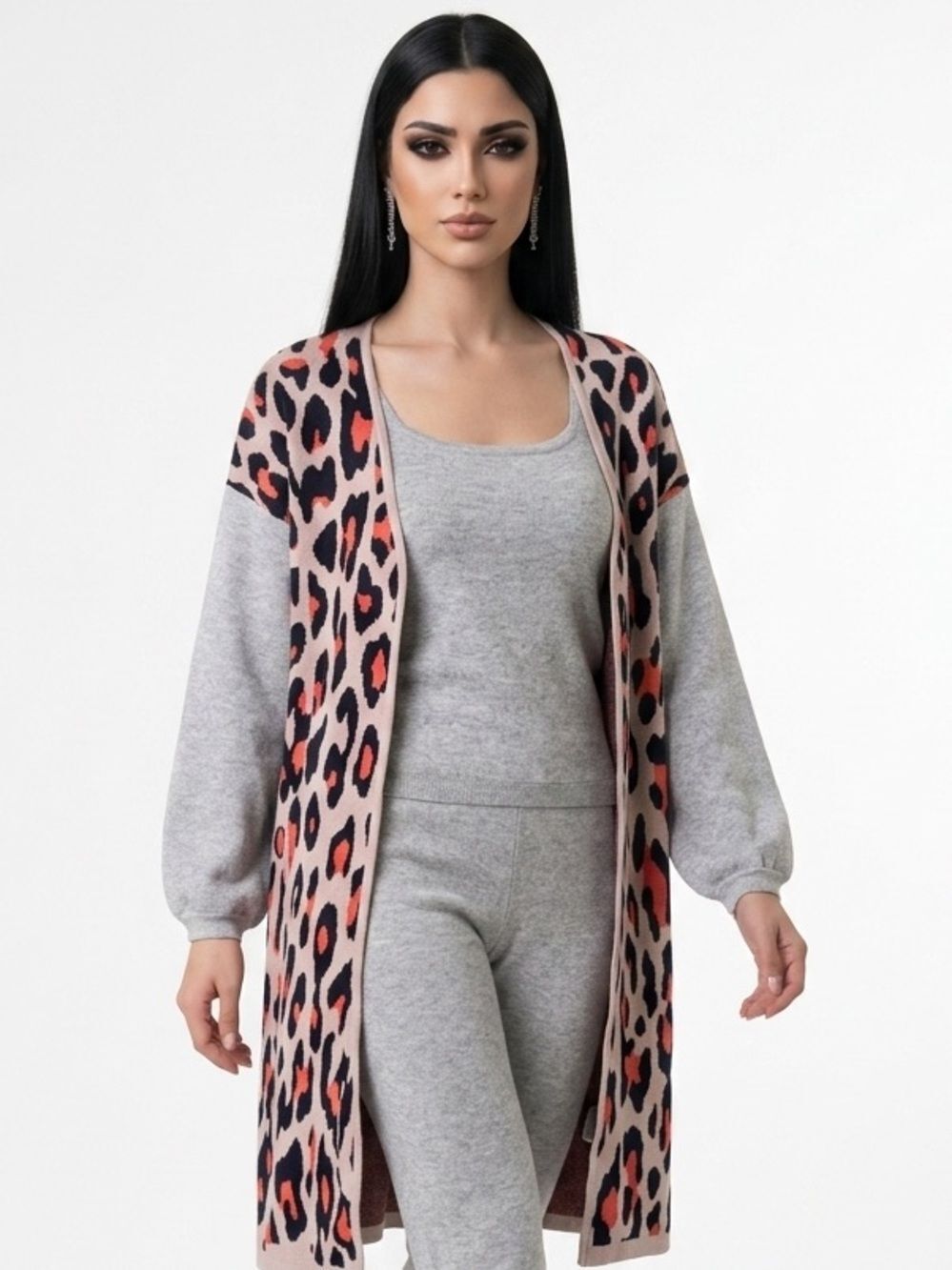 THML | Animal Print Thick Knit Open Front Cardigan Orange Gray Women’s Size M